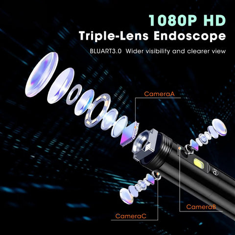 Pro Grade 5 Inch Triple Lens Handheld Endoscope With Light And Screen 1080P HD Borescope For Inspections Front And Side View Camera Bright IPS Display Easy To Use Industrial Repair Tool, triple-lens exploded view