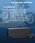 Electric Bike Charger For Rad Power Bikes And Lectric XP 1.0 2.0 3.0 XPremium Ebikes DC 5.5mm With LED Status Light in front of compatibility list