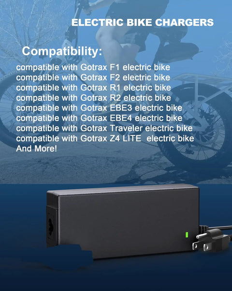 Electric Bike Charger For Rad Power Bikes And Lectric XP 1.0 2.0 3.0 XPremium Ebikes DC 5.5mm With LED Status Light in front of compatibility list