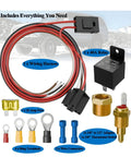 Components of 12V Car Electric Fan Relay Kit With 40 Amp Relay, Universal Radiator Cooling Switch Pack visible