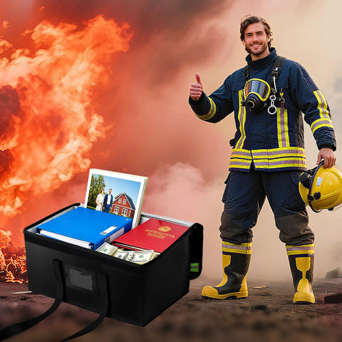 Extra Large Fireproof Document Bag Waterproof Safe Storage For Cash Jewelry Photos 15x12x12in next to firefighter and flames