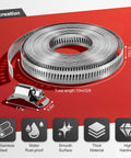 Cut To Fit Stainless Steel Hose Clamps Kit With 32.81 Ft Metal Strap And 20 Fasteners Worm Gear Drive Clamp on red background
