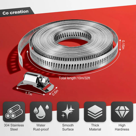 Cut To Fit Stainless Steel Hose Clamps Kit With 32.81 Ft Metal Strap And 20 Fasteners Worm Gear Drive Clamp on red background