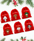 Six Pack Premium Holiday Gift Bags 20x30cm Bulk Set For Christmas Treats, red fabric pouches with holiday designs on white background