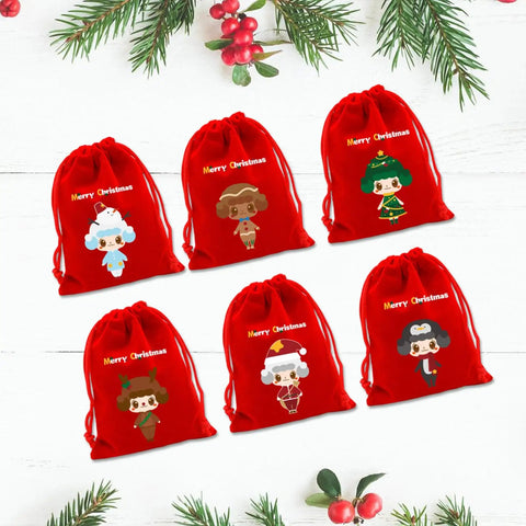 Six Pack Premium Holiday Gift Bags 20x30cm Bulk Set For Christmas Treats, red fabric pouches with holiday designs on white background