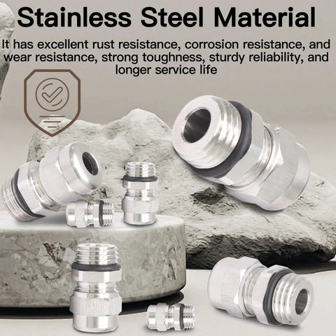 Two Pack NPT One Quarter Inch Stainless Steel Waterproof Cable Gland Connectors For Outdoor Use Built Tough Rugged Wire Glands And Joints Adjustable Range 3 To 6.5 Millimeters Corrosion Resistant displayed on stone surface