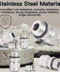 Two Pack NPT Three Eighths Inch Waterproof Stainless Steel Cable Glands Adjustable Four To Eight Millimeter Range Weatherproof Wire Connector Joints for Outdoor Electrical Enclosures and Marine Installations, showcase with text on stainless steel durability and reliability in a rocky background.