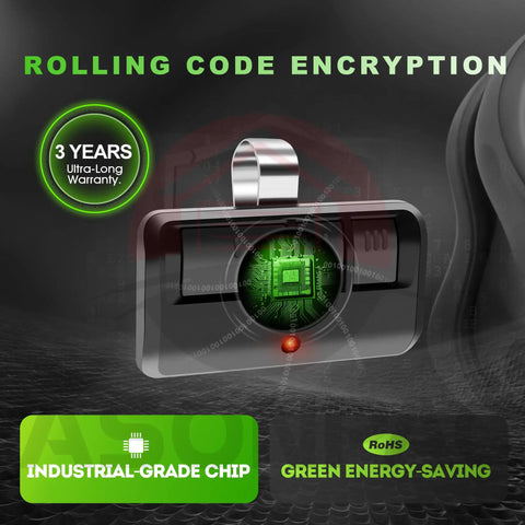 2 Pack Universal Garage Door Opener Remote with rolling code encryption and green industrial-grade chip highlighting warranty.