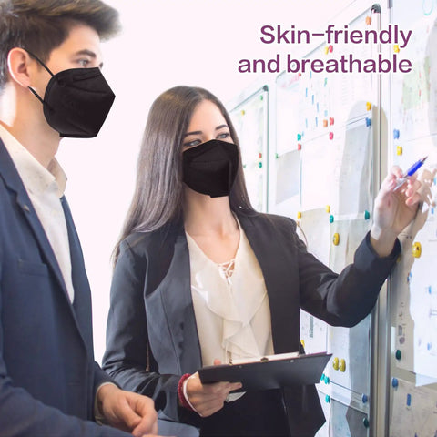 Two professionals wearing black KN95 face masks from 50 pack disposable respirators with 5 layer design, working in an office.