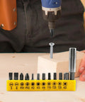 105 Degree Right Angle Drill Adapter For Tight Spaces Flexible Extension Bit Kit with 12 bits in use on wood surface
