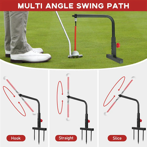 Golf Swing Trainer Adjustable Height Practice Stand For Garden And Outdoor Use Muscle Memory Builder Pro Grade Durable Steel Construction Alignment Aid For Men Golfers Swing Training Equipment showing multi angle swing path with diagrams of hook, straight, and slice shots.