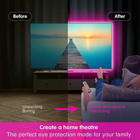 Comparison of 150Ft LED Strip Lights Kit With App Control And IR Remote, RGB Color Changing, enhancing TV setup.