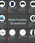 Diagram of multi-function screwdriver set compatible with PS4, PS5, Xbox, tablets, phones, Switch, cameras, laptops, watches, drones, glasses, sockets, ring doorbells.