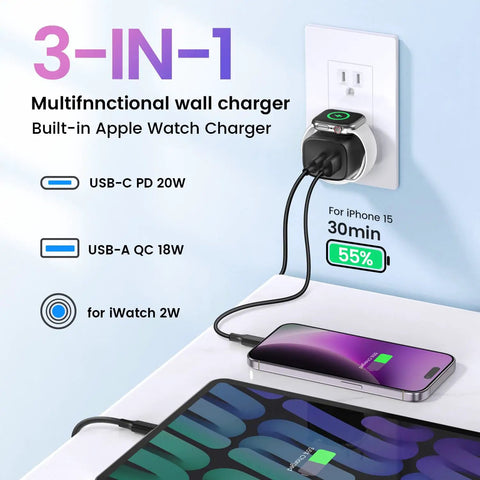 All In One Charging Station For Apple Watch iPhone And AirPods With Built In Wireless Charger and Magnetic Alignment in use