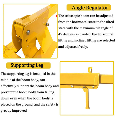 Heavy Duty Forklift Telescopic Boom With Adjustable Tilt And 6600 LBS Rock Solid Mobile Crane Kit angle regulator and supporting leg detail.