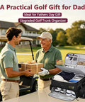 Two men exchanging gifts by a golf cart with Premium Golf Trunk Organizer for Cars with Insulated Pouch and Dust Proof Layer displayed nearby.