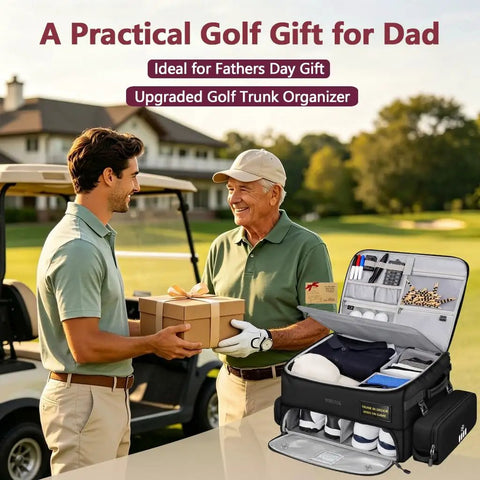 Two men exchanging gifts by a golf cart with Premium Golf Trunk Organizer for Cars with Insulated Pouch and Dust Proof Layer displayed nearby.