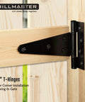 Heavy Duty 6 Inch T Strap Gate Hinges For Shed Doors And Wooden Fences Black Powder Coated installed on a wooden gate