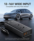 Heavy Duty 400W Car Power Inverter 12V DC To 110V AC For Tesla And EVs with charger ports near a Tesla vehicle.