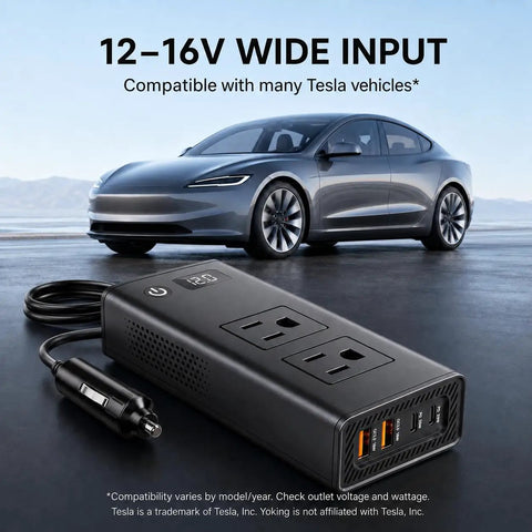 Heavy Duty 400W Car Power Inverter 12V DC To 110V AC For Tesla And EVs with charger ports near a Tesla vehicle.