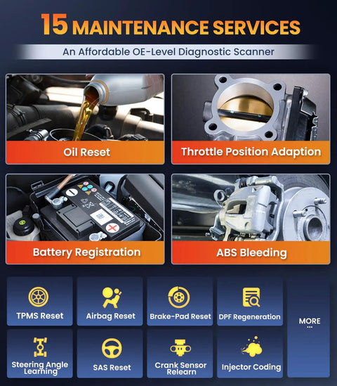 Jaguar Land Rover OBD2 Scanner OM501 Full System Diagnostic Tool with 15 resets, showing oil, throttle, battery, ABS services.
