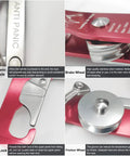CE Certified Climbing Double Stop Descent Device With Self Braking Self Locking Rappelling Belay Gear For 10 To 12.5mm Rope Rescue And Arborist Use Anti Panic Hand Control Red close-up details of brake wheel and safety lock.