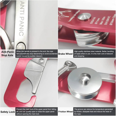 CE Certified Climbing Double Stop Descent Device With Self Braking Self Locking Rappelling Belay Gear For 10 To 12.5mm Rope Rescue And Arborist Use Anti Panic Hand Control Red close-up details of brake wheel and safety lock.