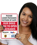 Keep Those Paws Off My Porch Package Drop Off Gate Sign With Major Courier Logos 10 By 7 Inch, showcased by a woman.