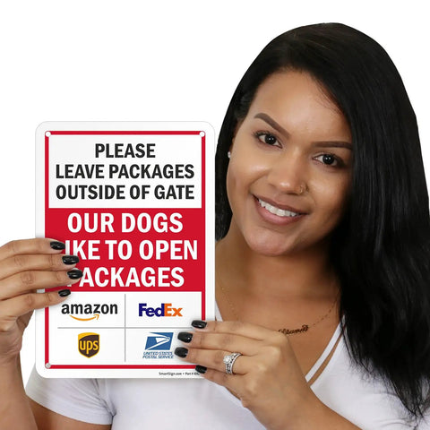 Keep Those Paws Off My Porch Package Drop Off Gate Sign With Major Courier Logos 10 By 7 Inch, showcased by a woman.