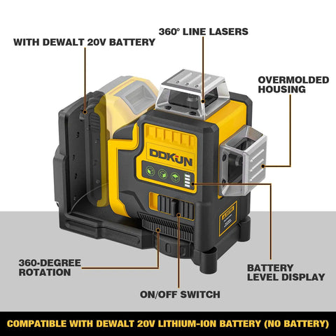 Workhorse Self Leveling Laser Level With Tripod, 3x360 Degree Laser Beams, 3D Leveler Tool For Construction And Picture Hanging, Magnetic Bracket, Hard Carry Case, Battery Not Included, Perfect For DIY Projects And Pro Jobs. Yellow-and-black laser level with 360° rotation, battery display and on/off switch.