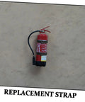 Fire extinguisher secured with black stretch strap, part of 20 Pack Black Stretch Fabric Fire Extinguisher Mounting Straps For Hose And Vehicle Use Easy Install Durable Fixing Straps Multipurpose Secure Mounts For Powder Fire Extinguishers In Cars Trucks And Home Garages