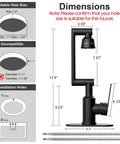 Top Shelf Stainless Steel Bathroom Sink Faucet With Slick Matte Black Finish dimensions and installation details diagram.