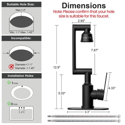 Top Shelf Stainless Steel Bathroom Sink Faucet With Slick Matte Black Finish dimensions and installation details diagram.