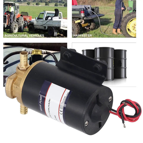 Heavy-Duty Self Priming Brass Gear Pump With 12V And 24V Electric Fuel Transfer Capabilities For Diesel Oil And Saltwater Applications Featuring Sturdy Solid Brass Housing And Vibration Absorbing Rubber Base For Long Lasting Industrial Use Performance