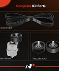 Engine Serpentine Belt Drive Kit with tensioner and idler pulleys for Hyundai and Kia cars displaying all components
