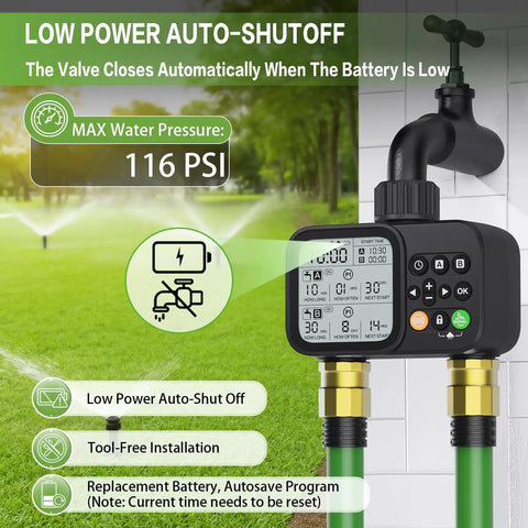 Two Outlet Sprinkler Timer With Rain Delay Manual And Automatic Watering System Digital Outdoor Irrigation Controller attached to hose