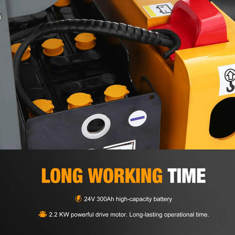 Built Tough Full Electric Pallet Truck Powers Through 5500 Lbs On The Regular With Side Standing Platform, showcasing 24V 300Ah battery.