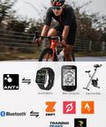 Cyclist riding with Speed And Cadence Sensor Bundle with Bluetooth 5.0 and ANT Plus; smartwatch, bike computer, and exercise bike icons shown.