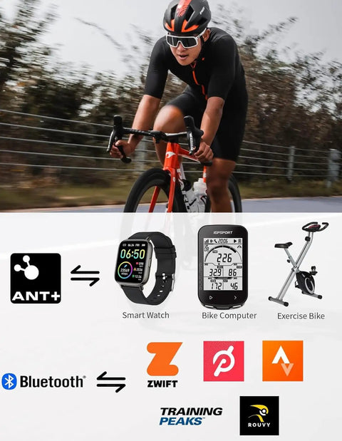 Cyclist riding with Speed And Cadence Sensor Bundle with Bluetooth 5.0 and ANT Plus; smartwatch, bike computer, and exercise bike icons shown.