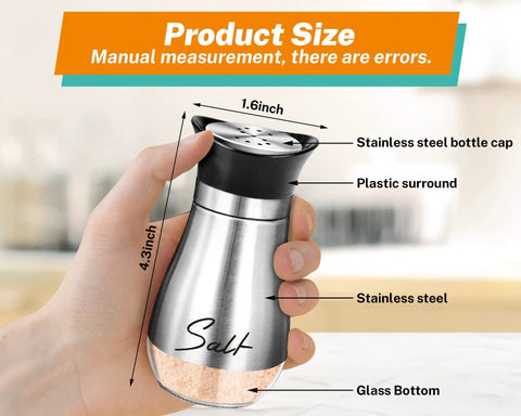Hand holding Refillable Salt And Pepper Shaker Set With Glass Bottom And Stainless Steel Lids For Home Kitchen, 4.3-inch height.