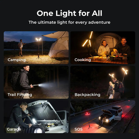 Collage showing uses of Telescopic Camping Lantern With 15600mAh Rechargeable Battery, 1000x3 Lumens Rotating Light For Tent And Outdoor Use