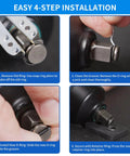 Four-step installation guide for 20 Sets Of Three Eighths Inch And One Half Inch Impact Retaining Ring Clips With O Rings.