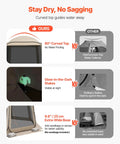 Comparison of pop-up screen house tent features: curved top for no pooling, glow-in-the-dark stakes, and extra-wide base for stability.