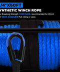 Synthetic Winch Rope Kit One Quarter Inch By Fifty Feet With Ten Thousand Pound Break Strength Blue Protective Sleeve Forged Hook Rubber Stopper And Safety Pull Strap Built Tough For ATV UTV Off Road Recovery, blue rope coil
