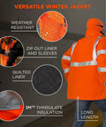 Back view of GloWear 8385 ANSI High Visibility 4-in-1 Reflective Safety Jacket With Removable Sleeves, orange with reflective stripes.