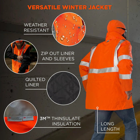 Person wearing Year Round High Visibility 4 In 1 Safety Jacket With Removable Sleeves Orange ANSI Class 3 Reflective Gear Storm Front Zipper.