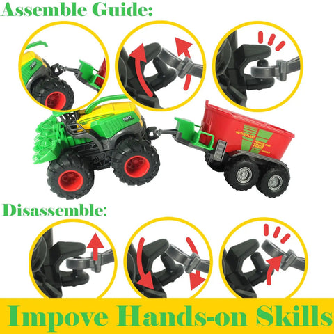 Die Cast Metal Tractor Trucks With Trailer And Movable Parts, Realistic Details, Front Loader And Fodder Mixer Included, assembly guide.
