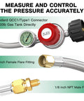 Propane regulator with gauge and stainless braided hose, 5 ft, 0–30 PSI, 3/8 flare to 1/8 MNPT fittings