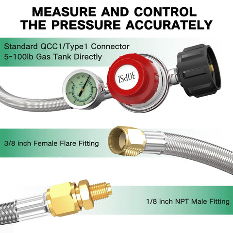 Propane regulator with gauge and stainless braided hose, 5 ft, 0–30 PSI, 3/8 flare to 1/8 MNPT fittings