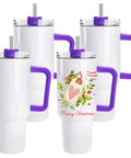 40 Oz Sublimation Tumbler Set With Handles Insulated Stainless Steel Travel Cups 4 Pack With Gift Boxes Includes Straw Splash Proof Lid Rubber Bottom DIY Craft Heat Press Blank For Custom Designs, displayed with purple handles and Christmas design on one tumbler.